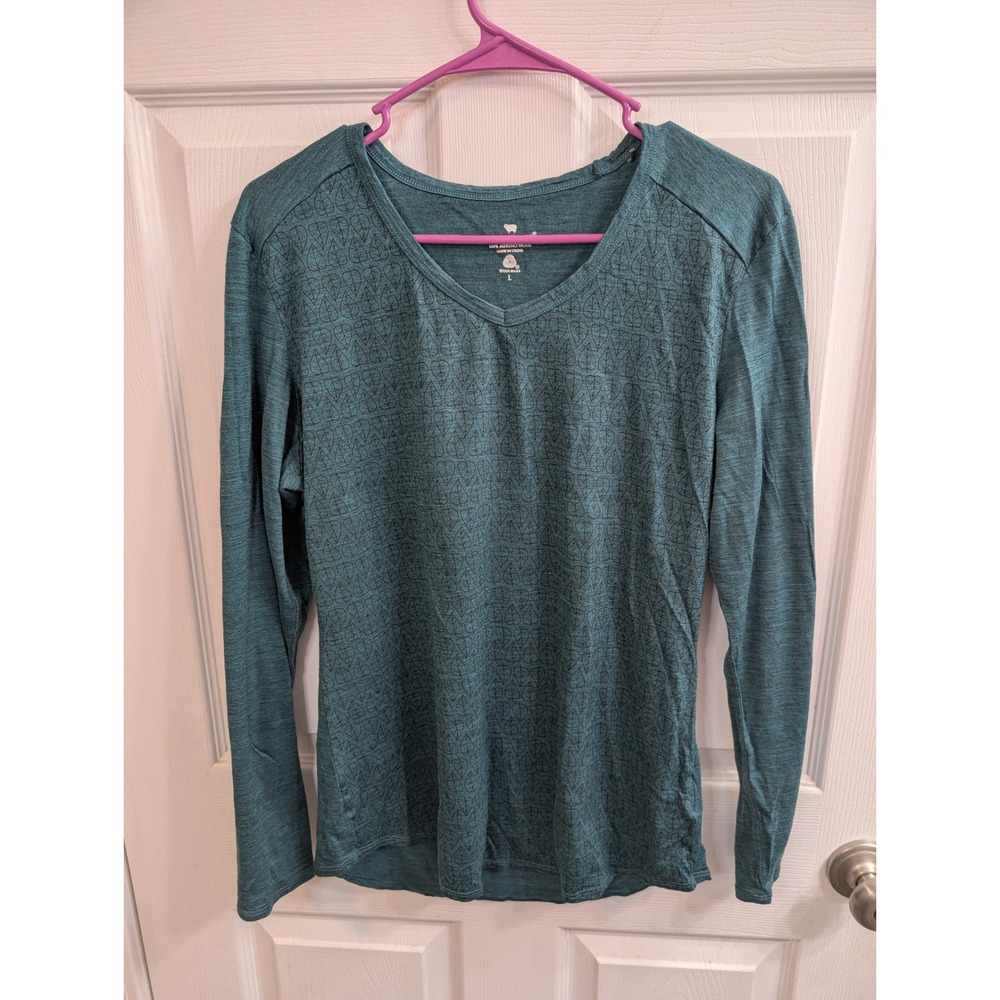 Seg'ments Merino Wool Top Teal Leaf Print V-Neck Long Sleeve - Size‎ L